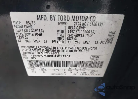 2013 Ford Explorer Xlt from USA, damaged, VIN 1FM5K7D89DGC91762
